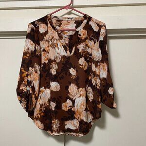 Maurices long sleeve, brown blouse w/beige, black & peach flowers, size M